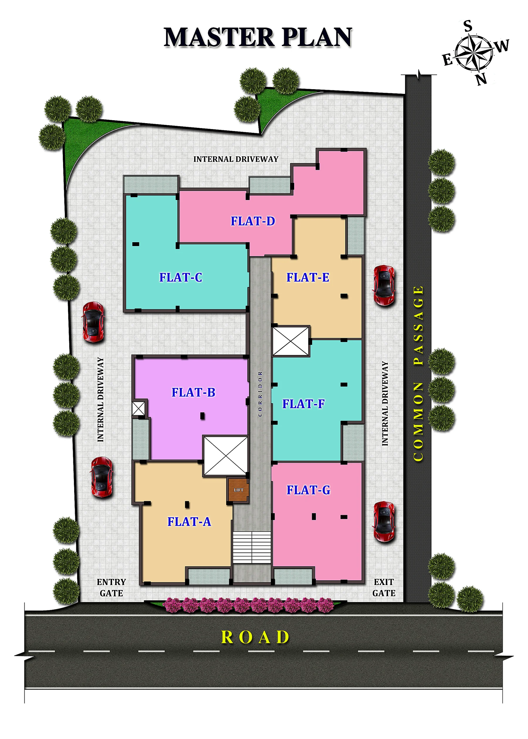 Meena Tulip master plan with entry, exit, driveway, lift and flats A to G